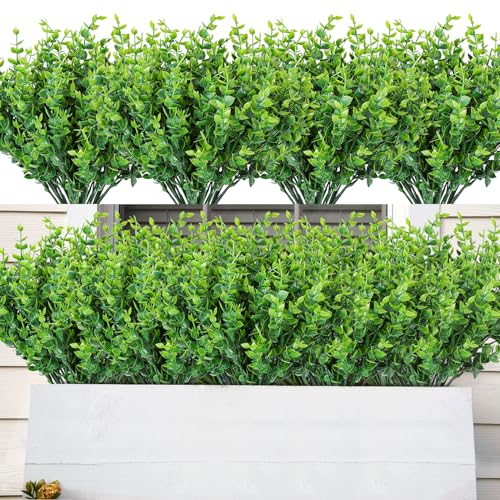 AmyHomie 20 Bundles Green Artificial Plants for Outdoor Spring Summer Decor UV Resistant Faux Wheat Grass Greenery Shrubs Eucalyptus Fake Plastic Plants Garden Porch Window Box Decorating - color: Green-eucalyptus, size: 20