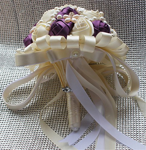 USIX Handcraft Popular Satin Rose Rhinestone Brooch Flower Pearl Bridal Holding Wedding Bouquet Wedding Flower Arrangements Bridesmaid Bouquet(Dark Purple+Ivory) - color: Dark Purple+ivory
