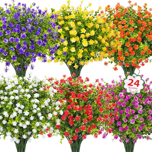 Ouddy Decor 24 Bundles Artificial Flowers for Outdoors Decoration Fake Flowers UV Resistant Faux Plastic Greenery Eucalyptus Plants for Spring Summer Garden Patio Indoor Outdoor Home Decor, Multicolor - color: Multi Color