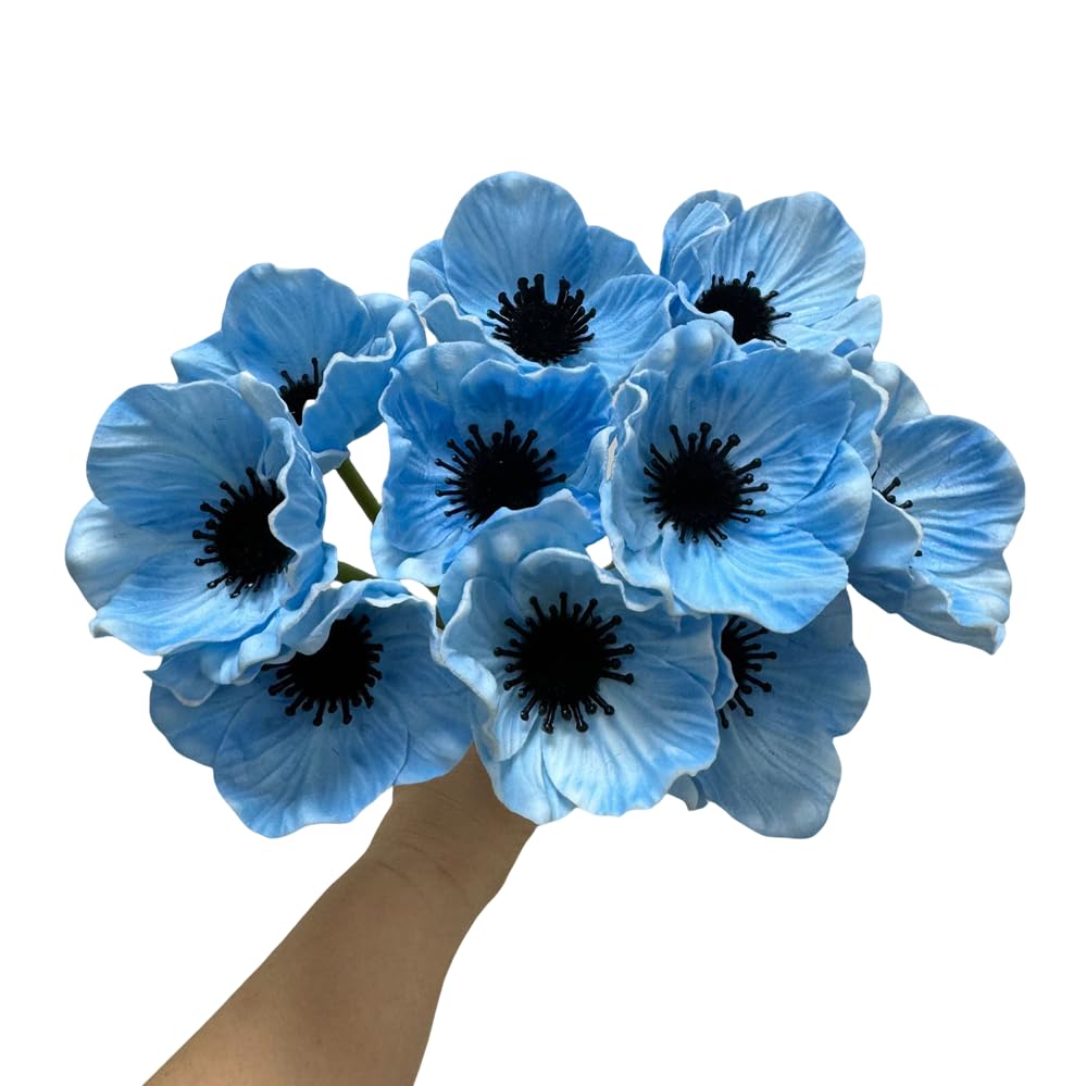 Rikyo 10 pcs Artificial Flower Light Blue Poppy Flowers, 11” Outdoor No Fade Multicolor PU Fake Wild Flower for Kitchen Table Centerpiece Vase,Home Greenery Wedding Holding Flowers Backdrop Arch Wall - color: Light Blue