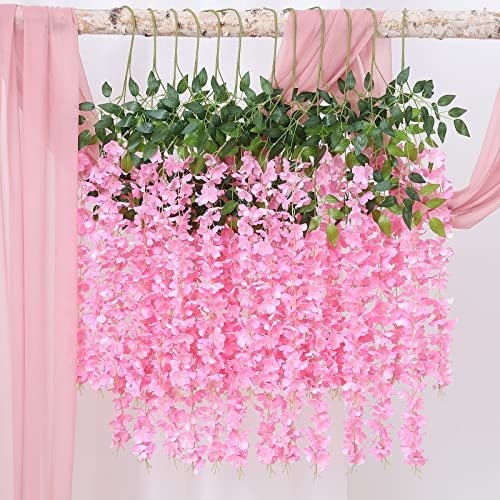 Duovlo 12 Piece Artificial Silk Wisteria Vine 3.6 Feet Ratta Hanging Flower Garland String Home Party Wedding Decor (Light Pink) - color: Light Pink