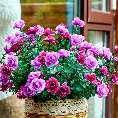 Artificial Flowers for Outdoors Patio Decoration 6 Bundles Fake Flower Rose Head UV Resistant Faux Plants Yard Garden Porch Home Boxwood Planter Patio Decor, Mix Light Purple & Deep Purple Flower - color: D Purple Rose 6pcs