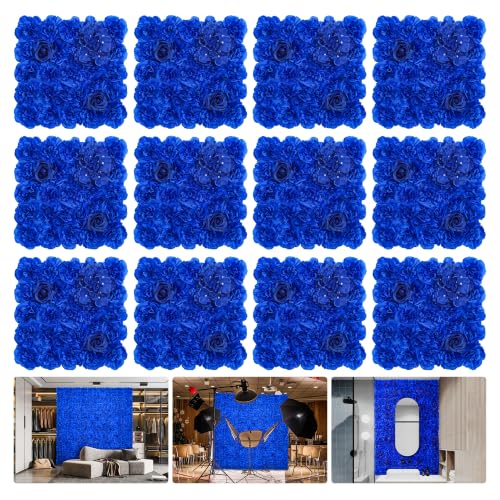 Flower Wall Backdrop 12 pcs 16.5x16.5 Inch Floral Wall Panel Artificial Silk Rose Wall Decor Ideal for Wedding Celebrations, Festive Party Backdrops, and Home Decor-Bright Blue - color: Bright Blue, size: 16.5inch