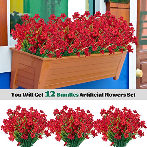 Lnoicy 12 Pcs Artificial Flowers for Outdoor,Plastic Flowers Decoration, UV Resistant Faux Flowers Shrubs, Artificial Plants for Indoor Outside Garden Home Wedding Farmhouse（Red） - color: Red, size: 12