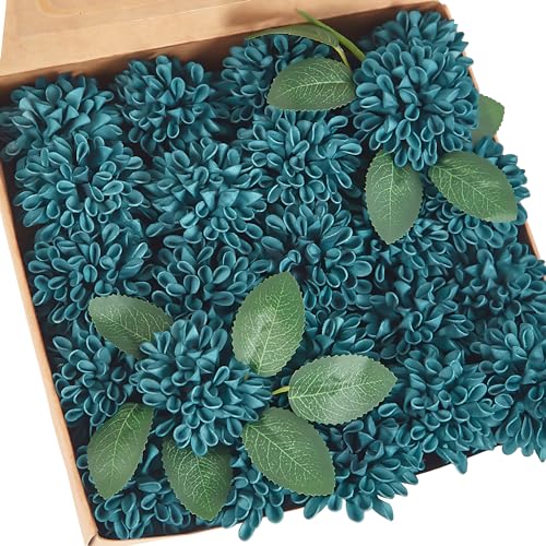 Artificial Flowers, 25pcs Artificial Rose for DIY Wedding Bouquets Centerpieces Arrangements, Dark Teal Dahlia Flowers with Stem for Bridal Shower Party Home Decorations - color: Dark Teal Dahlia, size: 25pcs