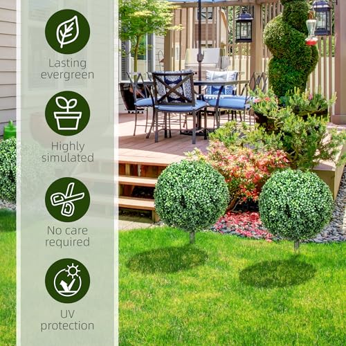 HOMCOM Set of 2 1.3ft (15.7") Artificial Boxwood Topiary Ball Bush with Integrated Ground Stake, Indoor Outdoor UV Resistant Faux Greenery, Faux Plants for Garden, Porch, Balcony