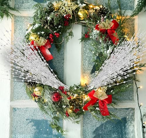 Artificial Glitter Berry Stems Silvery Decorations 17 Inch, Fake Berries Bead Sticks Pick for Halloween Christmas Ornaments Glittery Berries Xmas Tree Wreath Vase Filler Home Decor - Silver 10 Pack - color: Glitter Berry Sticks - Silver 10 Pack