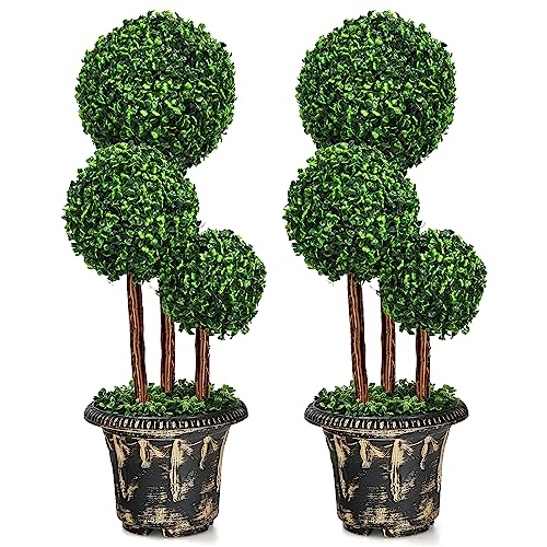 Goplus 3 Ft Artificial Boxwood Topiary Tree, 2 Pack Fake Greenery Plants Triple Ball Tree, Leaves & Cement-Filled Plastic Flower Pot Decorative Trees for Home, Office, Indoor and Outdoor Use - size: 3 Ft