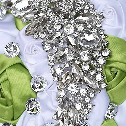 XINNI Handmade Bridal Wedding Bouquet Bride Bridesmaid Satin Rose Flower Bouquet with Meteor Shower Shape Rhinestone Wedding Decoration (Green+White) - color: Green+white