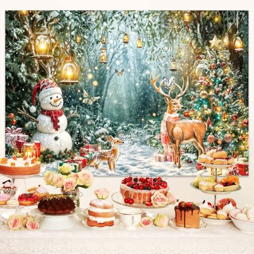 Winter Wonderland Backdrop Christmas Forest Scene Snowy Tree Snowman Deer Photography Background Xmas Holiday New Year Family Party Decorations Banner Photo Booth Studio Props 5X3FT - color: White, size: 5X3FT