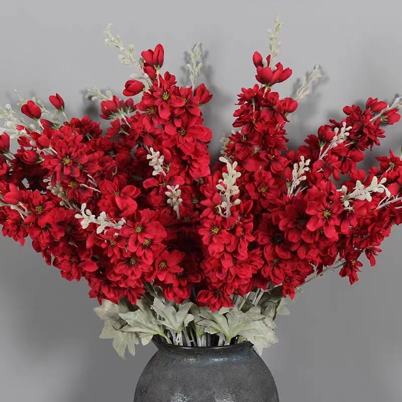 FERIAL 4pcs Artificial Delphinium Flowers Burgundy Silk Flowers Bulk Silk Flowers for Home Garden Wedding Arrangement Table Vase Decor(Burgundy) - color: Red