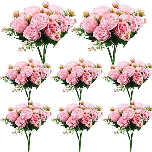 Geosar 8 Bundles Artificial Peonies Flowers Fake Silk Peony Bouquet Faux Peonies Flowers Bulk for Decoration Vase Floral Arrangements Wedding Party Table (Pink) - color: Pink