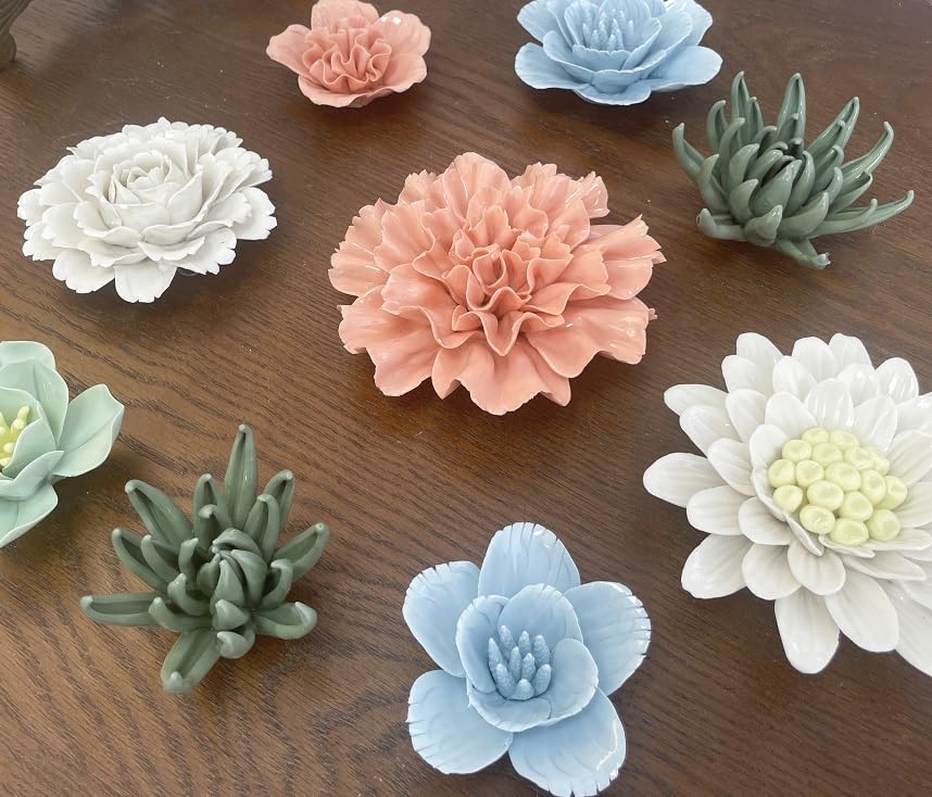 Ceramic Flower Wall Art, Artificial Flower Wall Sculpture，Handcrafted 3D Hanging Porcelain Flowers ,3D Wall Hanging Decor ,Porcelain Flower Wall Décor for Home，Hallway，Kitchen，Office (Orange,Carnation, 2.76") - color: Orange,Carnation, size: 2.76"