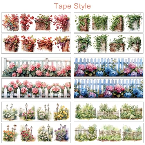 PET Tape Stickers for Journaling 6 Rolls Flower Washi Tape Stickers Decorative Tape for Crafts Scrapbooking Junk Journal Supplies, Plants Fence - color: Plants Fence
