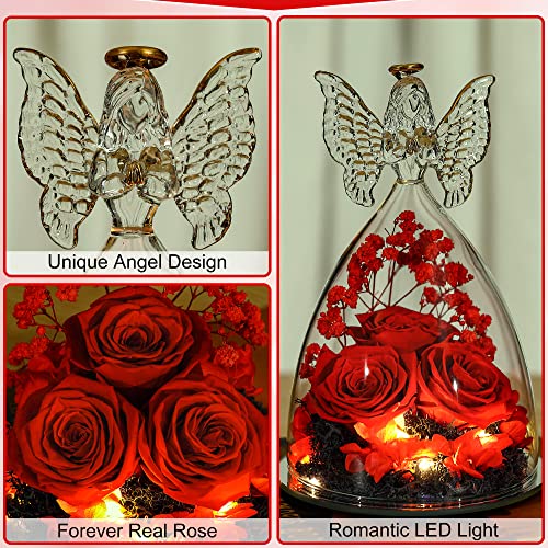Mothers Day Rose Gifts for Women Preserved Real Flower in Glass Angel Figurines Roses for Delivery Prime Birthday Gifts for Mom Grandma Girlfriend Wife Her - Red - color: Red