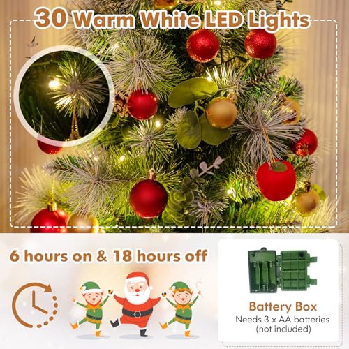 GOFLAME 3FT Prelit Artificial Christmas Tree for Entrance, Indoor Outdoor Xmas Tree with 30 LED Lights, Flocked Pine Needles, Eucalyptus Leaves, White Berries, Pine Cones, Timer for Porch - color: Snow Flocked
