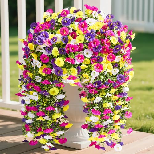 Serwalin Artificial Hanging Flowers for Outdoors UV Resistant, 4PCS Faux Morning Glory Fake Outdoor Flowers Realistic Silk Flower Plants for Outside Planter Front Door Porch Patio Yard Decor - color: A Summer Color