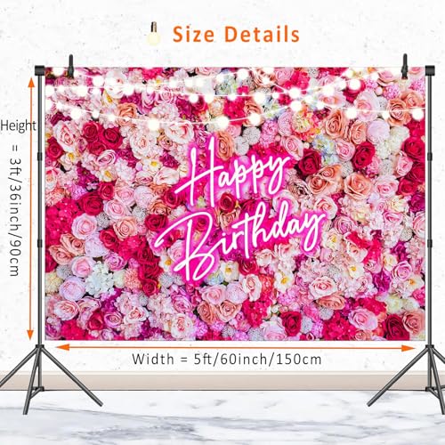 Pink Flower Happy Birthday Banner Backdrop Decorations for Women Girls Pink Neon Birthday Sign Backdrops Banners Red Rose Floral Photography Background Bday Party Decor Photo Booth Props 5x3ft - size: 5ft(W) x 3ft(H)