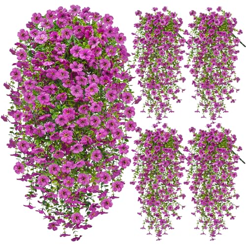 Artificial Hanging Flowers for Outdoors Spring Summer Decoration, 4PCS UV Resistant Silk Fake Hanging Plants for Patio Porch Front Yard Window Garden Indoor Decor(Purple,4PCS) - color: Purple, size: 4PCS