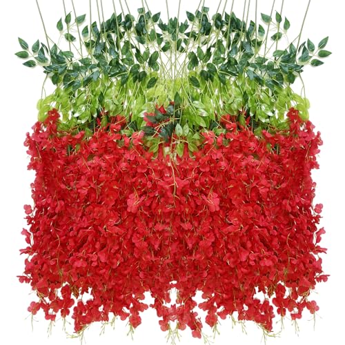 Artificial Wisteria Hanging Flowers Fake Wisteria Flower Garland Silk Vines Rattan Decor for Home Wedding Arch Wall Garden Greenery Bedroom Outdoor Office Party Decoration (36, Red) - color: Red