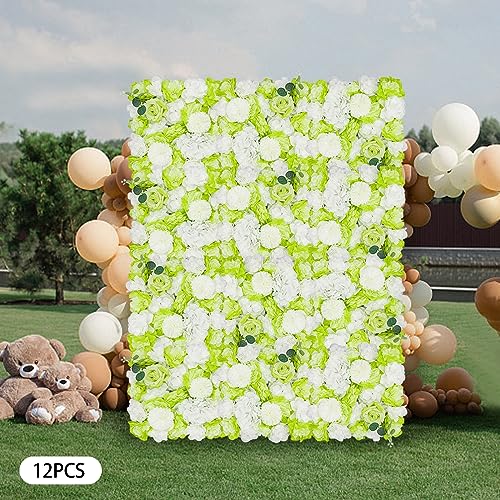 12Pcs Artificial Flower Wall Panel 15" X 15" Flower Wall Decor Backdrop Panels Floral Backdrop Wall Faux Flower Panel for Home Party Wedding Photo Backgdrop Decor (Green, White) - color: Green, White