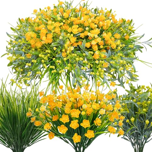 36 Pcs Artificial Flowers for Outdoor, UV Resistant Outdoor Fake Plants Faux Plastic Flowers Shrubs for Outside Garden Patio Porch Window Box Spring Summer Decor (Mixed Yellow) - color: Yellow
