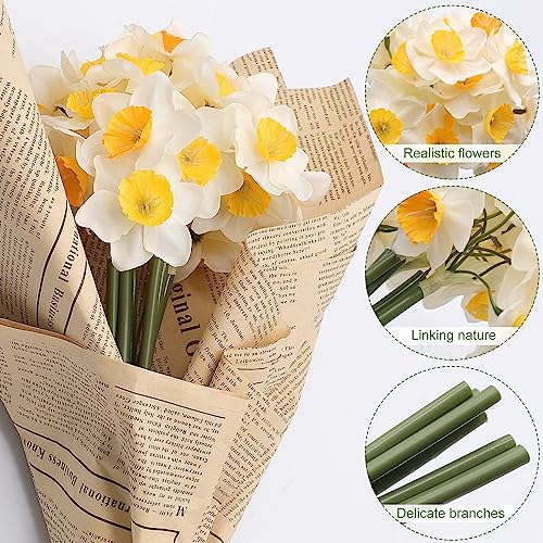 6 Stems Daffodils Artificial Flowers, 15 inch Artificial Daffodils that Look Real, White Faux Daffodil Bouquet, Silk Narcissus Fake Flowers for Home Office Floral Arrangement, Wedding Party Decor