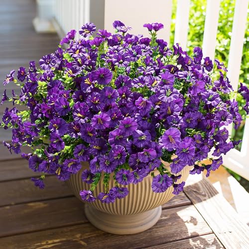 HyeFlora Artificial Flowers for Outdoors Fake Plants Outside Decoration, 12 Bundles Silk Purple Morning Glory with Eucalyptus UV Resistant Look Real Faux Flower for Planter Front Door Porch Patio Yard - color: Purple