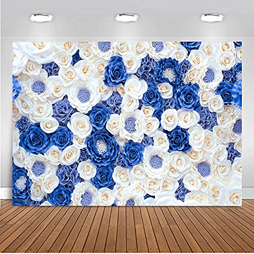 7X5FT Floral Backdrop Blue and White Roses Paper Flower Wall Decor Thin Vinyl Material Wedding Party Photography Background DH-87 - size: 7X5FT