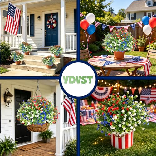 Artificial Flowers for Outdoors,12 Bundles UV Resistant Artificial Outdoor Flowers for 4th of July, Not-Fading Plastic Faux Flowers for Outdoor Planters for Home Garden Decor, Blue, Red, White - color: Blue+red+white