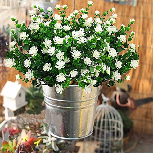 Grunyia 10 Bundles Artificial Fake Flowers, Faux Outdoor Plastic Plants UV Resistant Shrubs Outside Indoor Decorations (White-Eucalyptus) - color: White-eucalyptus