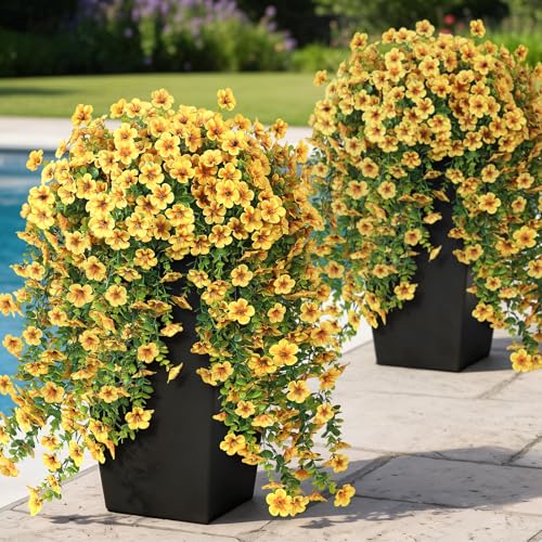 VIERENA 4 Bundles Artificial Hanging Morning Glory Flowers for Outdoor, Realistic Hanging Flowers Silk Fake Morning Glory with Faux Eucalyptus for Yard Garden Porch Patio Balcony Home Decor (Yellow) - color: Yellow