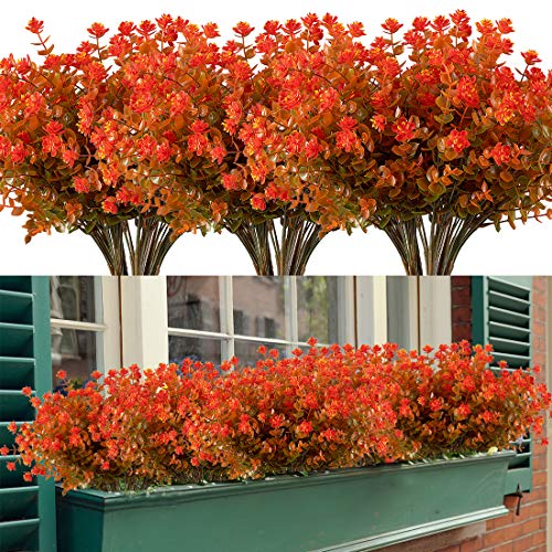 Happylife 6 Bundles Artificial Flowers, Fake Artificial Greenery UV Resistant No Fade Faux Plastic Plants for Wedding Bridle Bouquet Indoor Outdoor Home Garden Kitchen Office Table Vase (Orange Red) - color: Drop