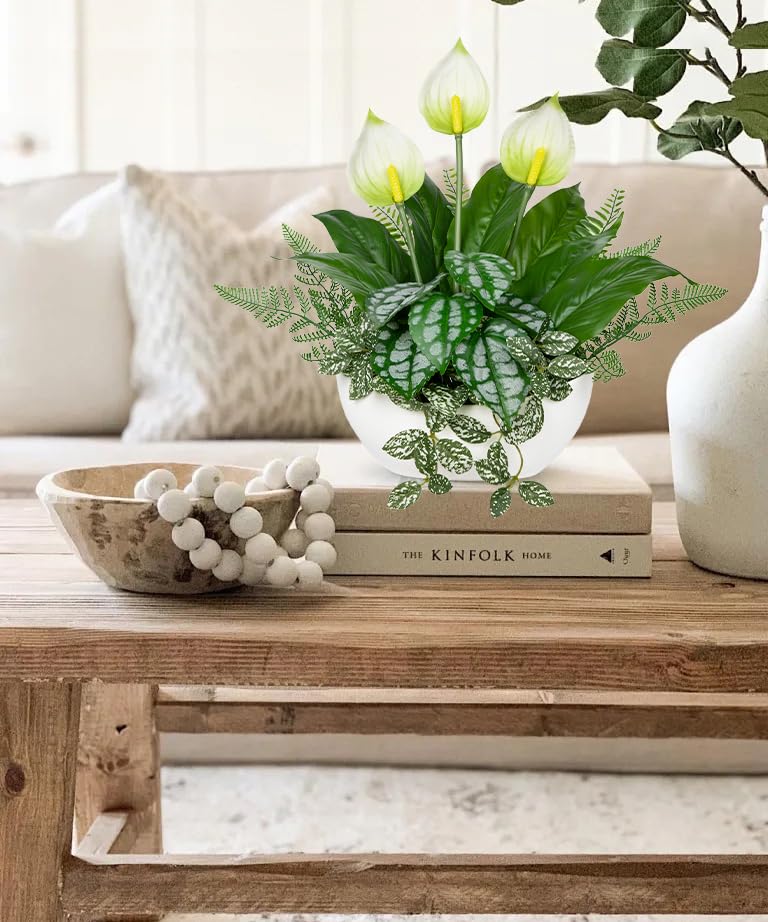 Fake Plants 14.2" Artificial Potted Plant Assorted Faux Plants in Pot Silk Plants Artificial Plants Indoor for Home Living Room Bedroom Bathroom Office Desk Table Centerpieces Shelf Greenery Decor - color: White Pot #3