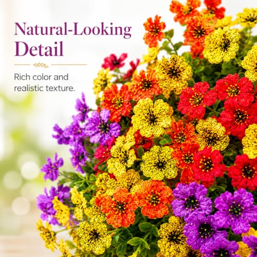 Artificial Flowers for Outdoors UV Resistant, 12 Bundles Realistic Faux Daisy with Eucalyptus Leaves Fake Plants for Porch Patio Planter Garden Decoration (Purple Red Orange Yellow) - color: Purple Red Orange Yellow