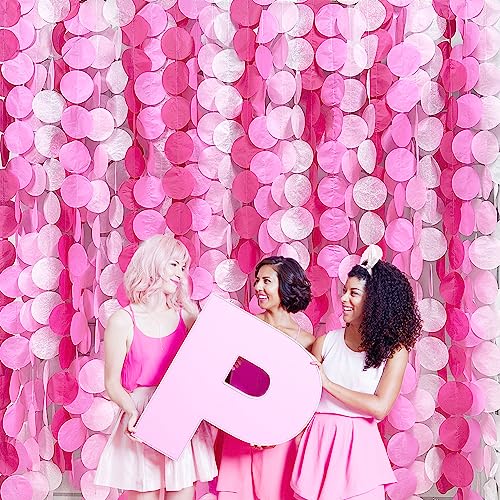 205Ft Hot Pink Party Decorations Big Polka Dots Backdrop Garland Rose Pink Circle Dots Tissue Paper Hanging Curtain Streamer for Bachelorette Birthday Bridal Shower Wedding Engagement Party Supplies - color: Gradient Pink