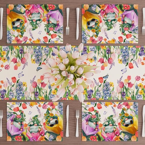 XCHI Tulips Gnomes Flowers Spring Placemats Set of 4 Summer Table Mats for Party Home Kitchen Dining Table Decorations 12x18 Inch - size: Set of 4 (12x18 Inch)