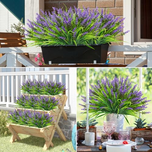 40 Bundles Artificial Plants Outdoor Fake Monkey Grass with Lavender Flowers Plastic UV Resistant Greenery Shrubs for Window Box Porch Garden Patio Outdoor Decor(Purple) - color: Purple