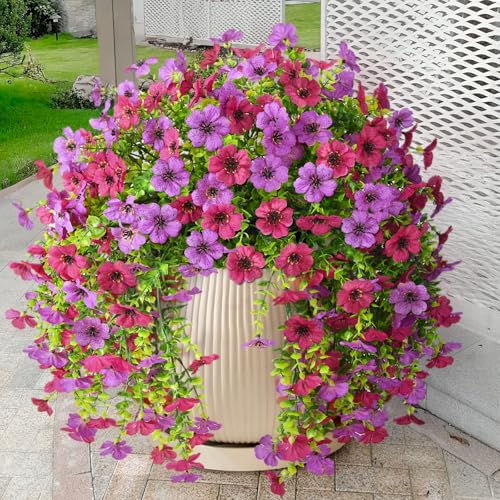 Homsunny Artificial Fake Flowers for Outdoor UV Resistant Faux Hanging Plants Outside 2 Pcs Silk Flower No Fade Realistic for Spring Summer Porch Patio Planter Home Decoration (Mix Purple) - color: Mix Purple