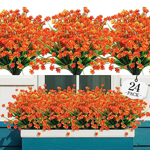 AGIRL 24 Bundles Artificial Fall Flowers Outdoor Indoor Decoration,Fake Plastic Flowers,Faux Mums Plant for Thanksgiving Fall Decor,for Hanging Outside Garden Front Door Porch Patio Window Box - color: Orange Red, size: 24
