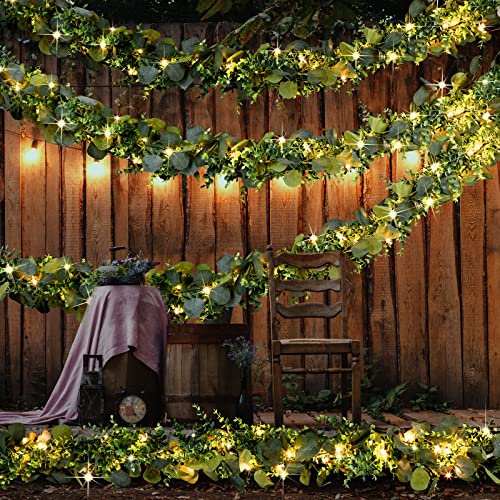 2 Pack 6 ft Artificial Eucalyptus Garland with Lights Spring Summer Green Faux Garlands Fake Eucalyptus Greenery Leave Vine Garland for Wedding Party Indoor Outdoor Home Table Fireplace Mantel Decor