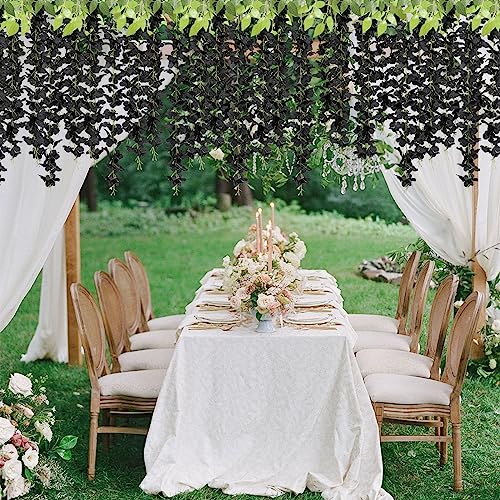 U'Artlines 24 Pack (Total 86.4 Feet) Artificial Fake Wisteria Vine Rattan Hanging Garland Silk Flowers String Home Party Wedding Decor (24, Black) - color: Black
