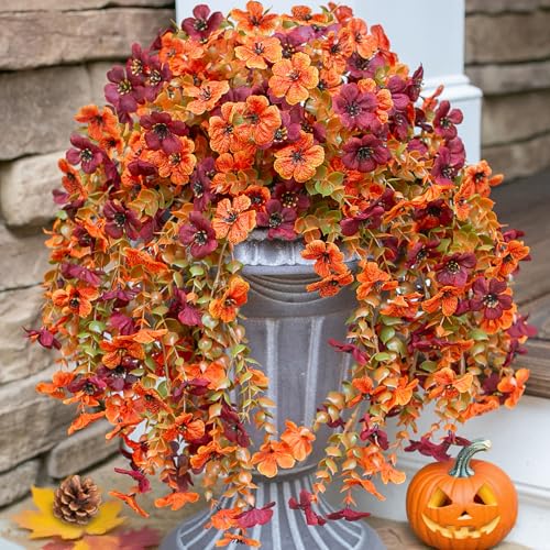 INSPRING Fake Autumn Flowers for Outdoors, 2Pcs Artificial Fall Light Orange & Brown Daisy Outside Decor, Fake Hanging Decoration, Realistic Plants, Silk Flower for Porch Patio Balcony Planter - color: Fall Orangebrown