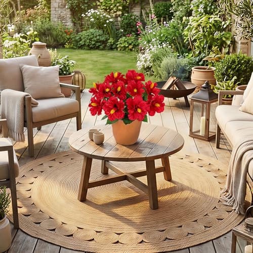 Briful Artificial Hibiscus Flowers in Pot, 14.1" Faux Tropical Flower Plant for Outdoor Porch, Potted Red Hibiscus Tabletop Decor for Living Room, Dining Table, Kitchen, Office, Indoor Home Décor - color: 14'' Red
