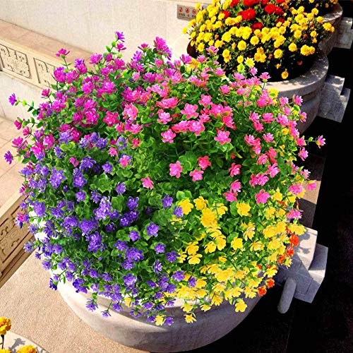 8 Bundles Outdoor Artificial Fake Flowers UV Resistant No Fade Boxwood Faux Plastic Plants for Garden Patio Porch Window Box Home Wedding Farmhouse Décor (Pink) - color: Pink