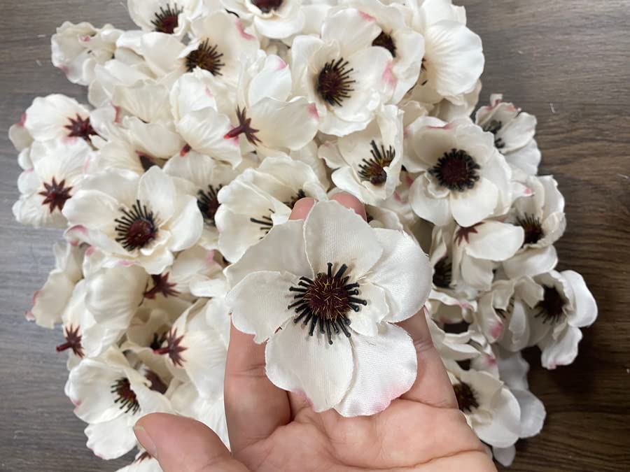 Rikyo 100 pcs Artificial Silk Poppy Anemone Flower Heads Autumn Fake Poppy Flower,Vase Fillers,Corsages for Wedding Decor,Nursery Wall,Archway Decor Wreath Garland Cake Ornaments (White) - color: White