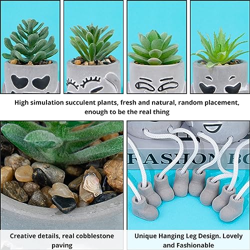 4 Pack Artificial potted Succulent Plants with Hanging Legs, Fake Mini Succulents in Pots, Faux Small Plants for Office Desk, Kitchen, Bathroom, Home Shelf Decor, Funny Office & Home Decor Accents - color: 4small-smile-green