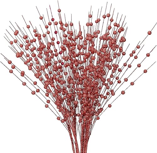 PASYOU Artificial Glitter Berry Stem Ornaments, Bright Berries Decorative Bead Sticks Glittery Twigs Picks Branches for Home Christmas Tree Holiday Wedding Party Vase Decor 17 Inch Red 10 Pack - color: Glitter Berry Sticks - Red 10 Pack