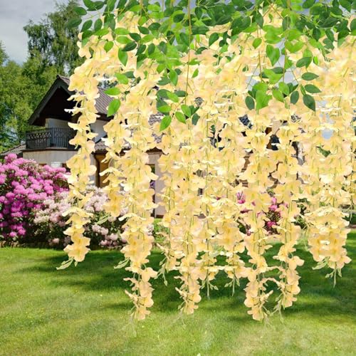 WEISPARK Fake Hanging Flowers - 12 Pieces 3.75 Feet/Piece Artificial Wisteria Vine Ratta Hanging Garland Silk Flowers for Home Party Wedding Decor (Champagne) - color: Champagne