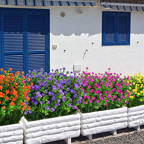 8 Bundles Outdoor Artificial Fake Flowers UV Resistant No Fade Boxwood Faux Plastic Plants for Garden Patio Porch Window Box Home Wedding Farmhouse Décor (Purple) - color: Purple